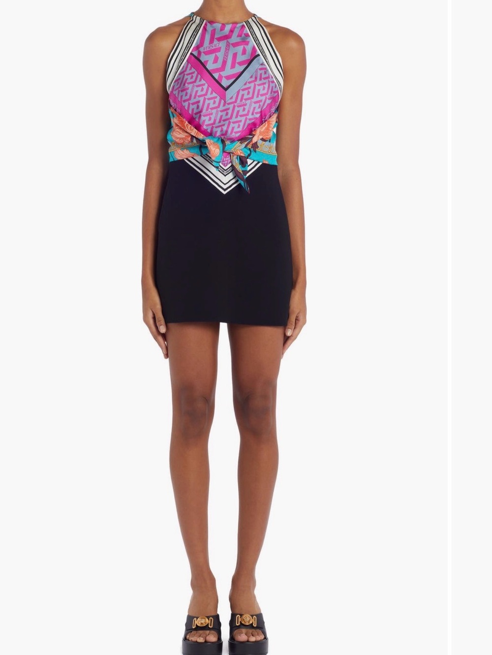 Versace Black Mini Dress with Pink and Turquoise Scarf Print